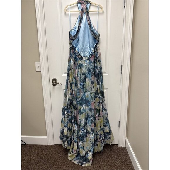 Mac Duggal Size 18 Blue Floral 68089 Halter Maxi Gown Cut Out Embellished Dress - Picture 9 of 13